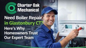 Boiler Repair services Glastonbury CT – Technician repairing residential boiler at Charter Oak Mechanical